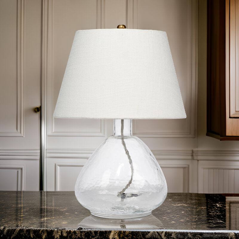 Navi 17 Inch Table Lamp, White Linen Drum Shade, Clear Glass Curved Body