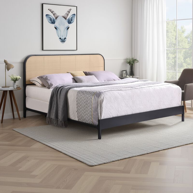 Ammy Bed, Radio Weave Headboard, Brown Faux Rattan, Metal – Black