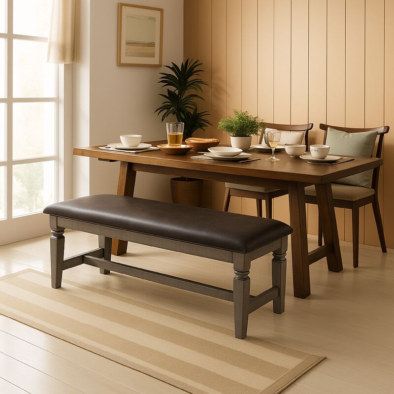 Camie Dining Bench, 56 Inch Faux Leather Seat, Gray Mahogany Wood