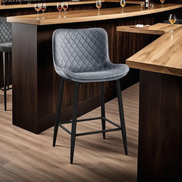 Aniya Counter Stool Chair Set of 2, Black Metal Leg, Dark Gray Velvet