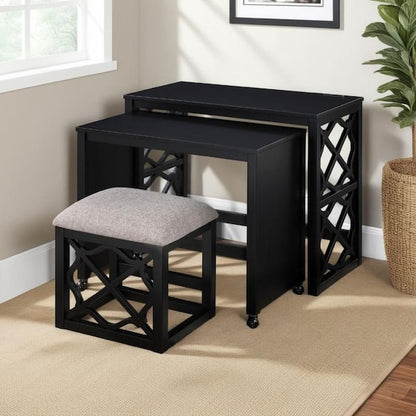 Syna 3 Piece Nesting Desk and Stool Set, White Wood, Gray Polyester