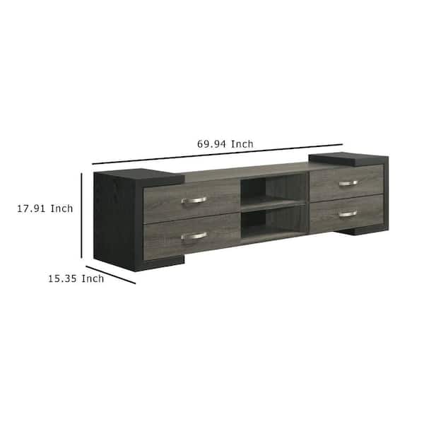 Teny TV Stand Media Cabinet, 70 Inch, 4 Drawers, Black Edge, Gray Wood