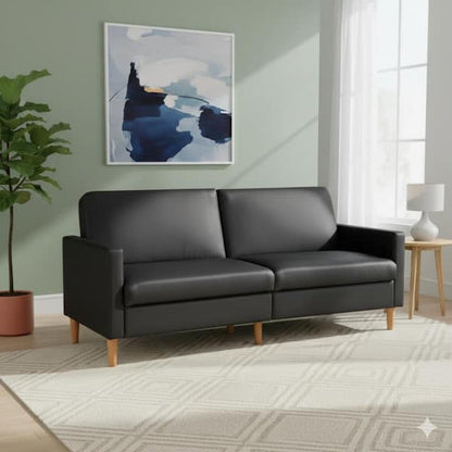 Mala Sleeper Sofa, Foam Padded, Black Faux Leather, Walnut Brown Legs