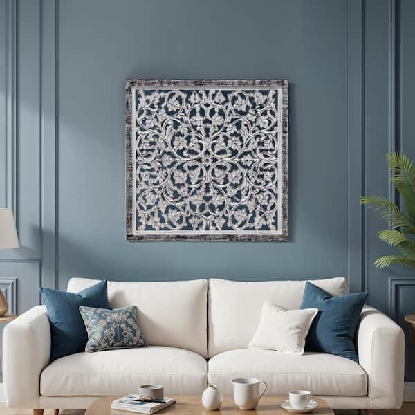 Ozy Carved Mango Wood Wall Decor| 36 Inch Square I Handcrafted Distressed Black & White