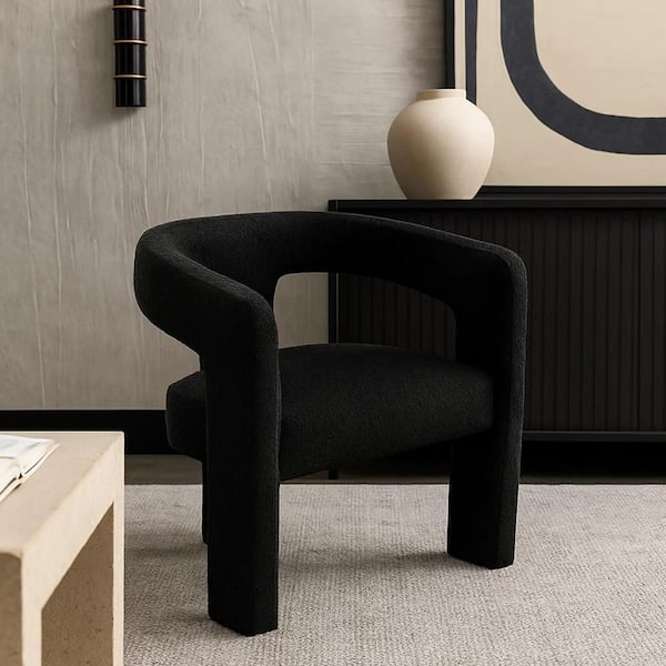 Gely Dining Accent Chair, Open Curved Back w Tripod Base, Black Boucle