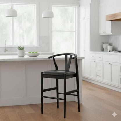 Cera Counter Stool Chair Set of 2, Faux Leather Seat, Black Rubberwood