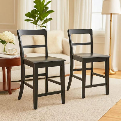 Gela Counter Stool Chair Set of 2, Stylized Ladder Back, Plank Seat, White