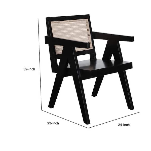 Kato Dining Armchair, Cane Backrest, 24 Inch, Black Solid Mango Wood