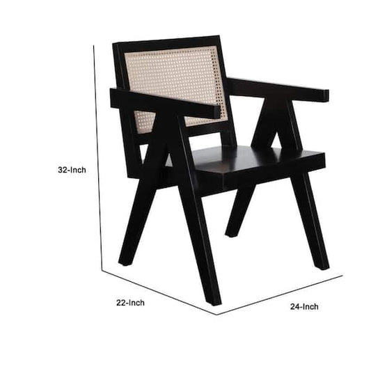 Kato Dining Armchair, Cane Backrest, 24 Inch, Black Solid Mango Wood