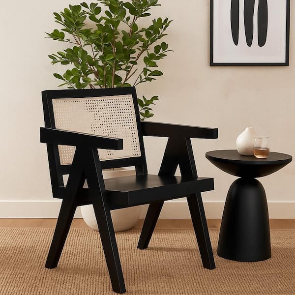 Kato Dining Armchair, Cane Backrest, 24 Inch, Black Solid Mango Wood