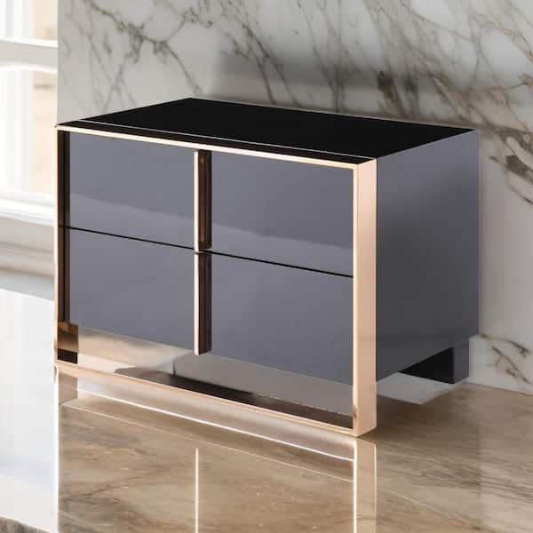 Caer Nightstand, 2 Drawers, Modern Rose Gold Stainless Steel, Black