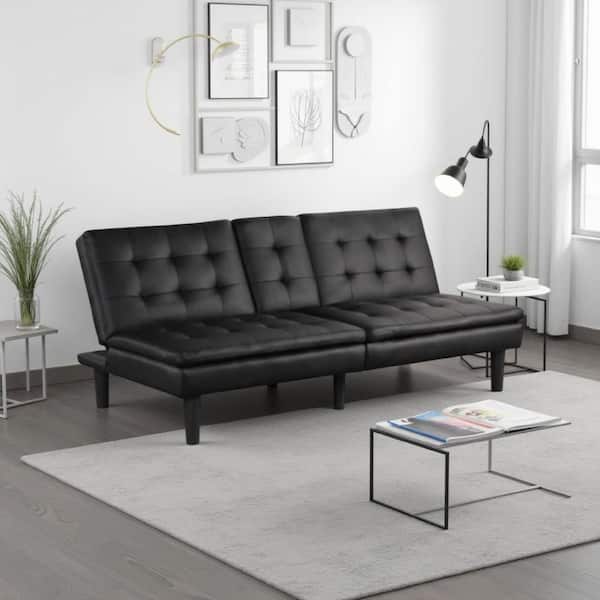 Berie Futon Sofa Bed, Drop-Down Tray, Cupholder, Black Faux Leather