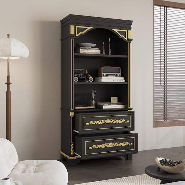 Boko Nightstand, 2 Drawers w Luxe Gold Metal Handles, 20 Inch, Black