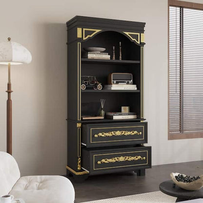 Boko Nightstand, 2 Drawers w Luxe Gold Metal Handles, 20 Inch, Black