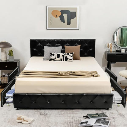 Captivating Queen Bed WithDrawer,Black Pu