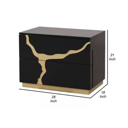 Goldie Nightstand, 2 Drawers, Gold and Black Solid Wood, 28 Inch