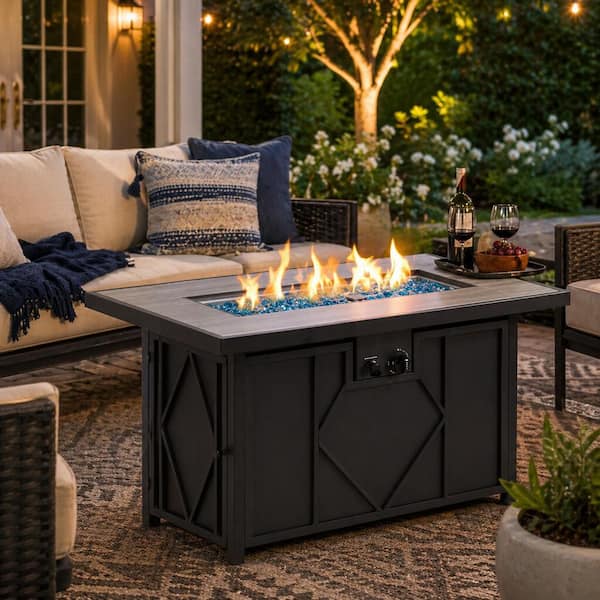 Outdoor Fire Pit, Black Iron, Inner Propane Gas Tank Storage, 47 Inch