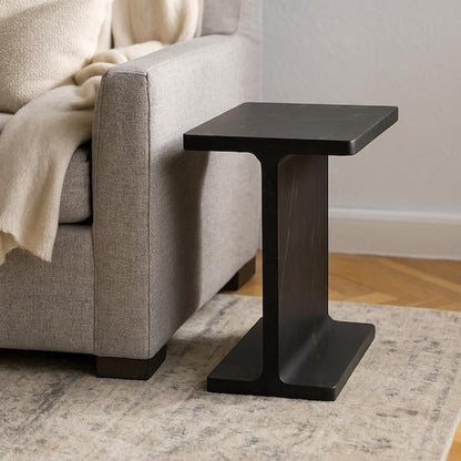 Isy Accent End Table, 15 Inch Black Marquina I-Beam Shaped Natural Marble