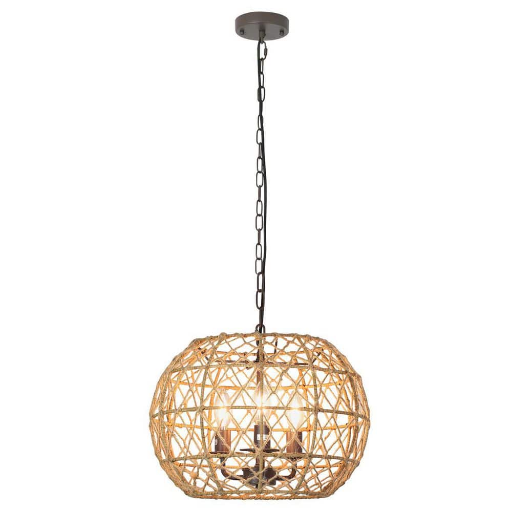 Dero Chandelier, 3 Tier Natural Brown Cotton Rope Woven, 25 Inch Metal