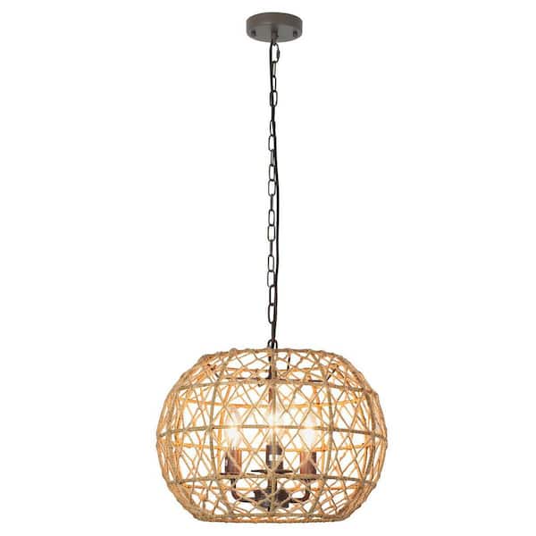 Dero Chandelier, 3 Tier Natural Brown Cotton Rope Woven, 25 Inch Metal