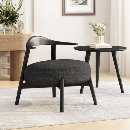 Hery Accent Chair, Barrel Back, Gray Upholstery, Solid Acacia Wood
