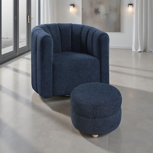 Noa Swivel Chair and Ottoman, Channel Tufted Curved, Sea Green Boucle