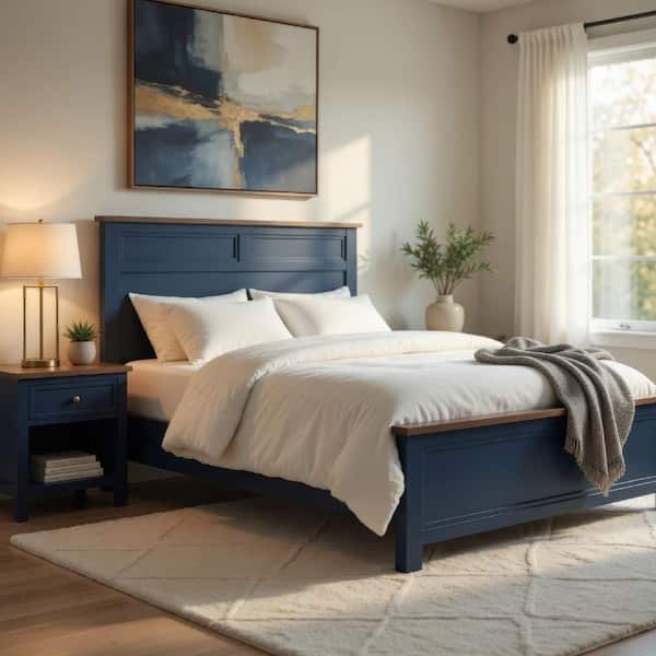 Tela Twin Size Bed w Recessed Panel Headboard, Dark Brown Trim, Blue