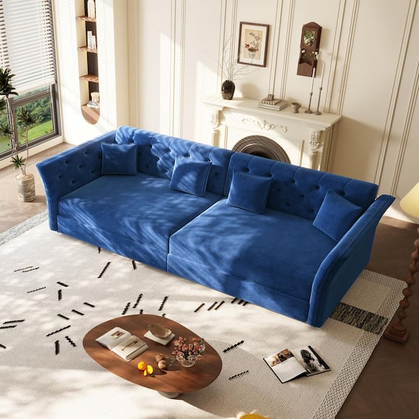 81 Inch Adjustable Sofa and Ottoman Set, Blue Fabric, Buttonless Tufting