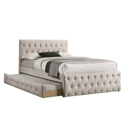 Nek Wood Full Size Upholstered Bed with Twin Trundle, Taupe Burlap Frame