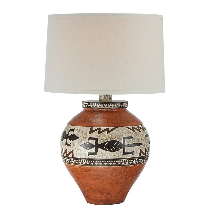Kinn 24 Inch Hydrocal Table Lamp, Drum Shade, Tribal Style Urn Base, Brown