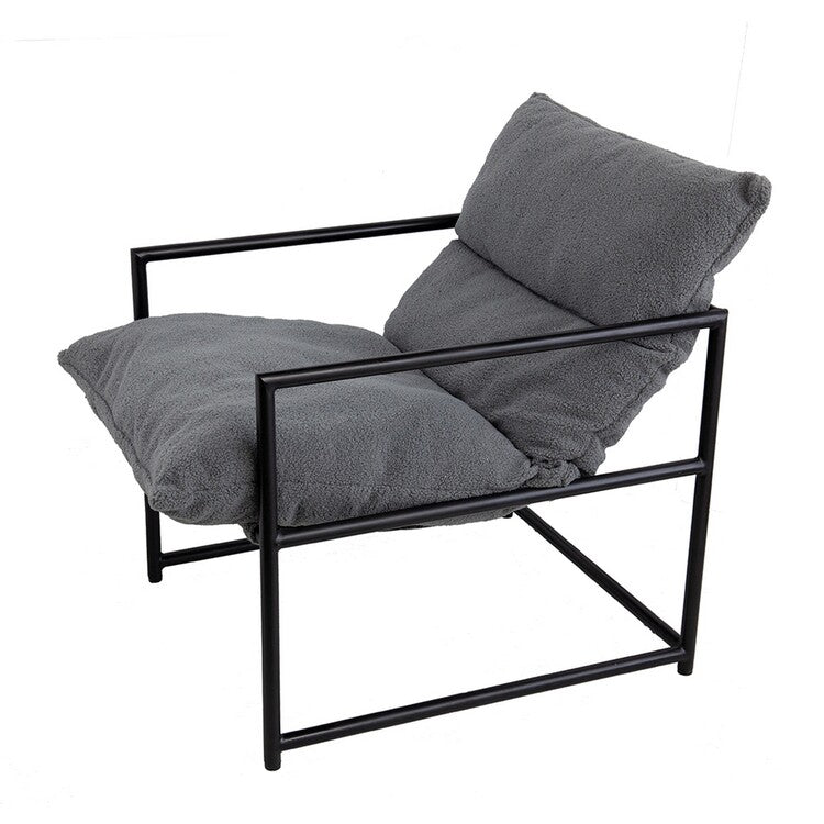 26 Inch Accent Chair with Cushion, Black Iron, Light Gray Faux Leather