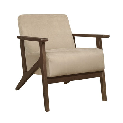 Rica 32 Inch Accent Armchair, Soft Beige Velvet, Walnut Brown Solid Wood