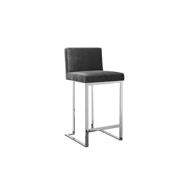 Boly 26 Inch Counter Height Chair, Gray Velvet, Foam Cushions, Chrome Steel