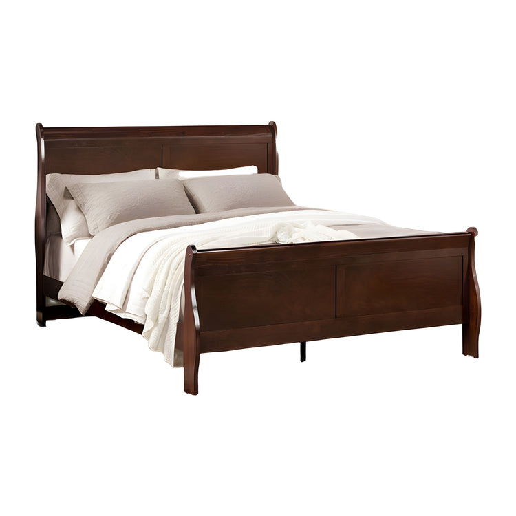 Ryla Queen Size Bed, Sleigh Panel Headboard, Dark Cherry Brown Solid Wood
