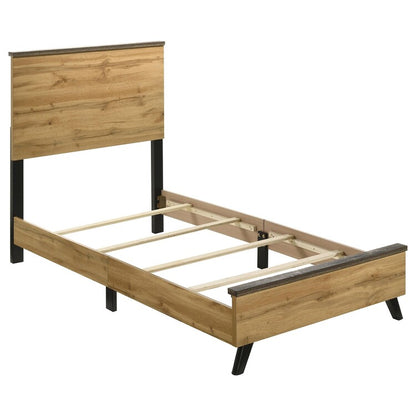 Wemy Twin Size Bed, Tall Panel Headboard, Natural Brown Pine Finish