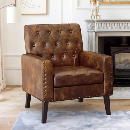 Live Accent Chair, Cushioned Seat, Brown Faux Leather, Espresso Brown Wood