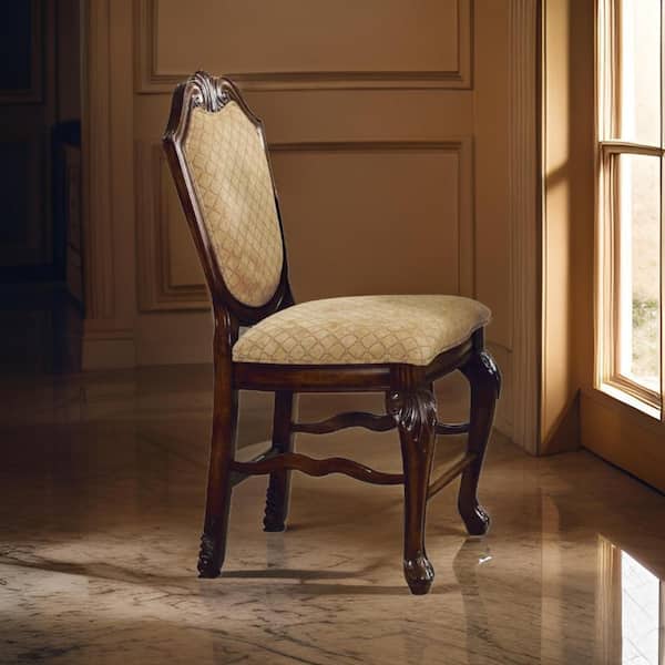 Loki 24 Inch Counter Height Chair Set of 2, Beige Fabric, Crown Top Back
