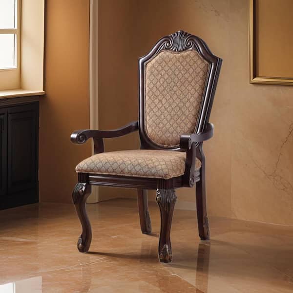 Loki 29 Inch Dining Armchair Set of 2, Beige Fabric, Crown Top Back, Brown