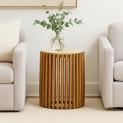 Gexy Side End Table, 18 Inch Marble Top, Slatted Drum Base, Brown