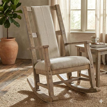 Rena Accent Lounge Chair, Beige Seat, Distressed Black Solid Wood