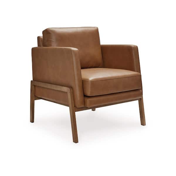 Accent Chair, Classic Retro Cushions, Brown Faux Leather, Natural Wood
