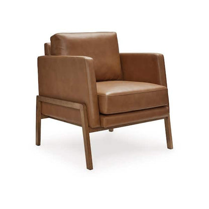 Accent Chair, Classic Retro Cushions, Brown Faux Leather, Natural Wood