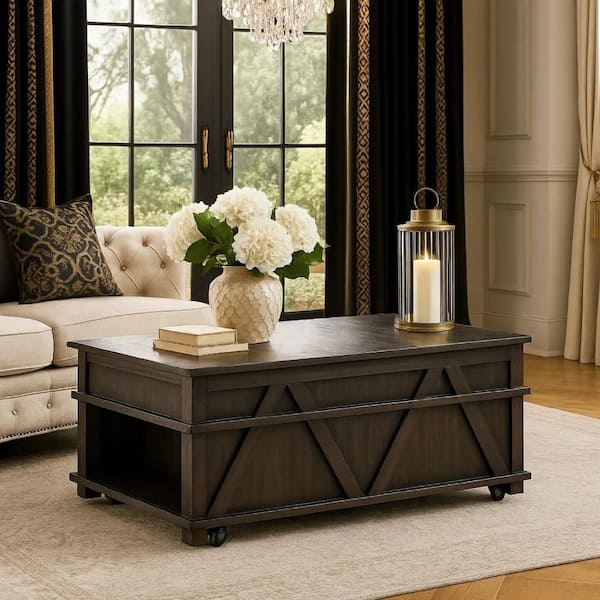 Leky Coffee Table, 44 Inch, 1 Lift Top with Shelf Underneath, Brown