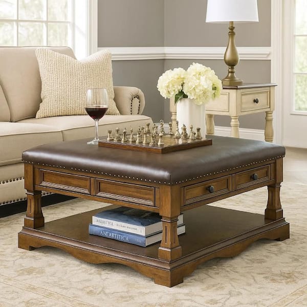 Rox Coffee Table, 39 Inch Brown Faux Leather Top, 4 Drawers and Shelf