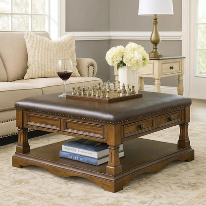 Rox Coffee Table, 39 Inch Brown Faux Leather Top, 4 Drawers and Shelf