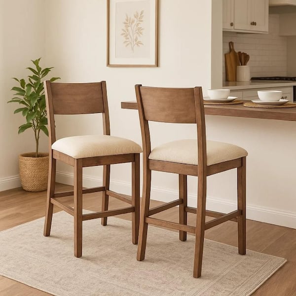 Giby Counter Stool Chair Set of 2, Beige, Dark Brown Solid Mahogany