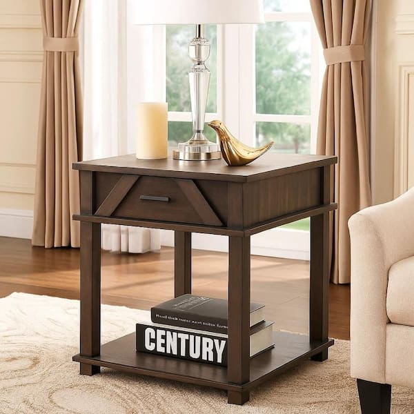 Leky Side End Table, 24 Inch, 1 Drawer with Lower Open Shelf, Brown