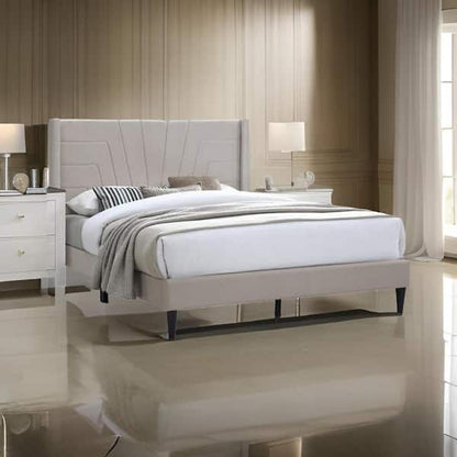 Kopa Queen Size Bed with Tufted Headboard, Brown Burlap Upholstery, Wood