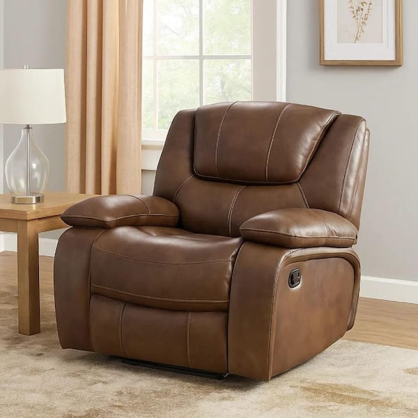 Licot Manual Glider Recliner Chair, Glossy Brown Top Grain Leather