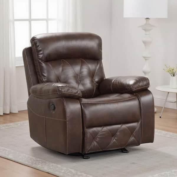 Kesy Manual Glider Recliner Chair, Pillow Top Arms, Brown Faux Leather
